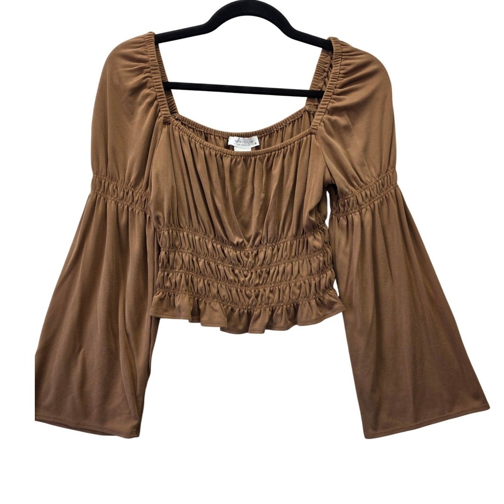 Kirious Los Angeles Brown Smocked Crop Top Square Neck Bell Sleeve Ribbed Small